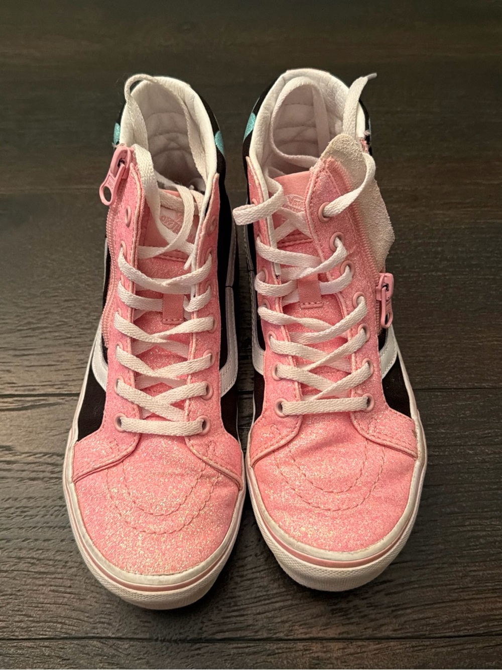 Vans Pink Glitter High-Top Sneakers with Black and White Details